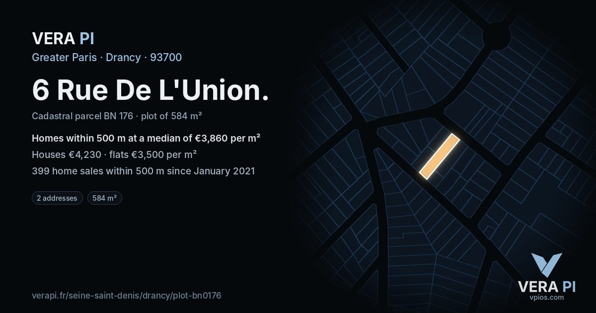 6 Rue De L'Union, Drancy at night – the plot lit, the parcels around coloured by the prices near them