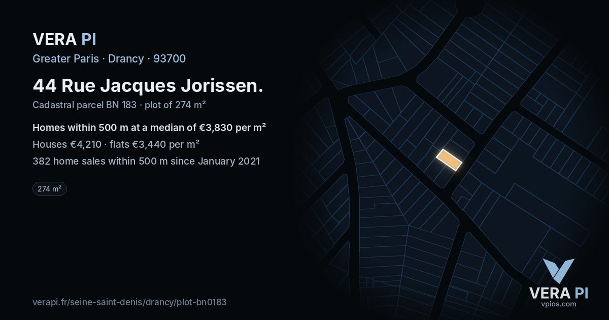 44 Rue Jacques Jorissen, Drancy at night – the plot lit, the parcels around coloured by the prices near them