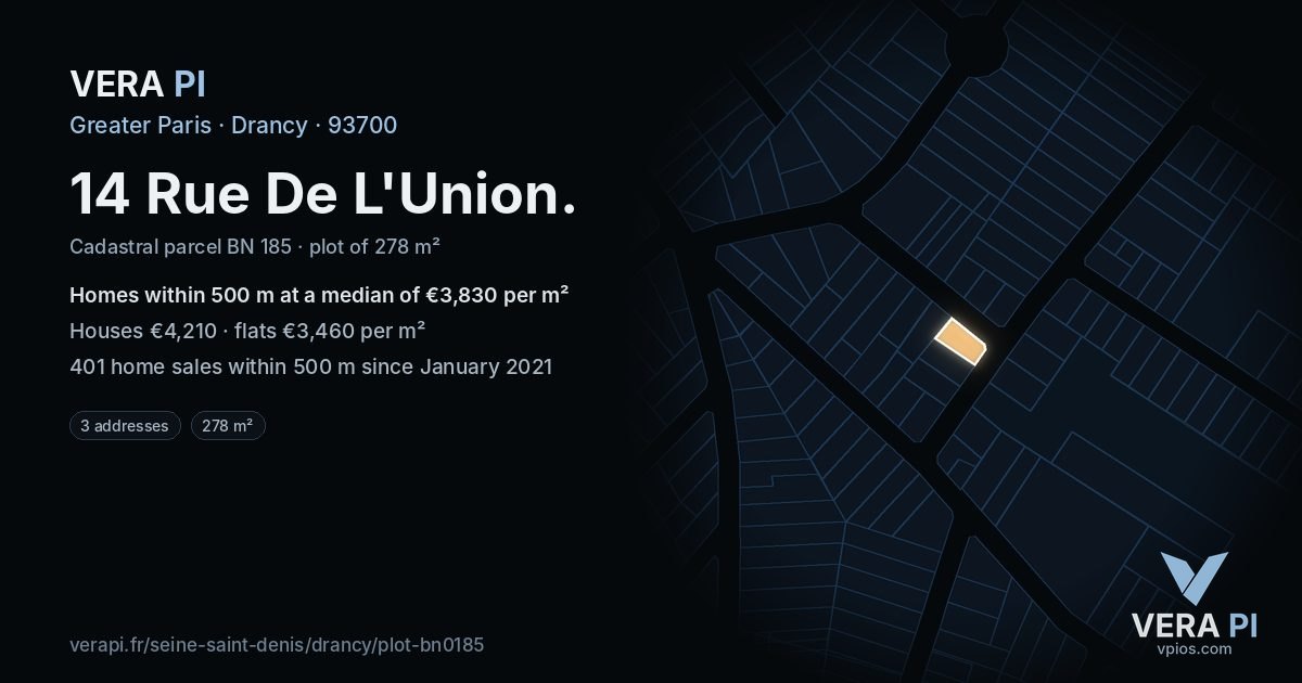 14 Rue De L'Union, Drancy at night – the plot lit, the parcels around coloured by the prices near them