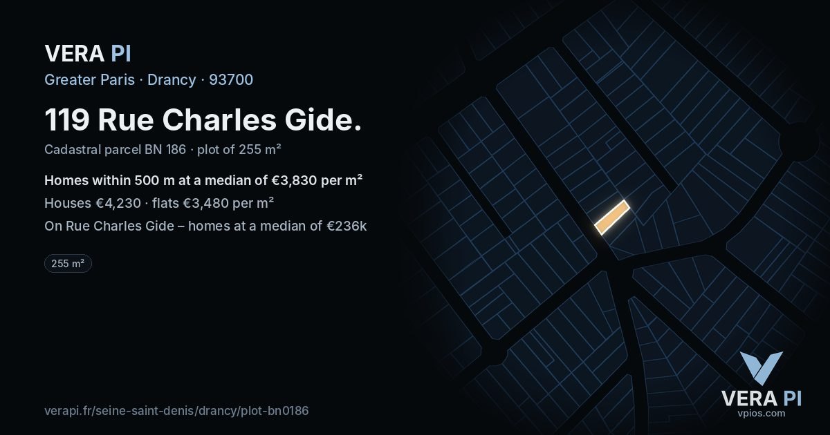 119 Rue Charles Gide, Drancy at night – the plot lit, the parcels around coloured by the prices near them