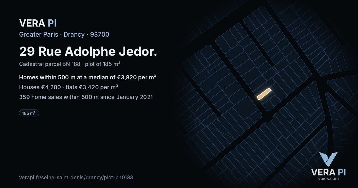 29 Rue Adolphe Jedor, Drancy at night – the plot lit, the parcels around coloured by the prices near them