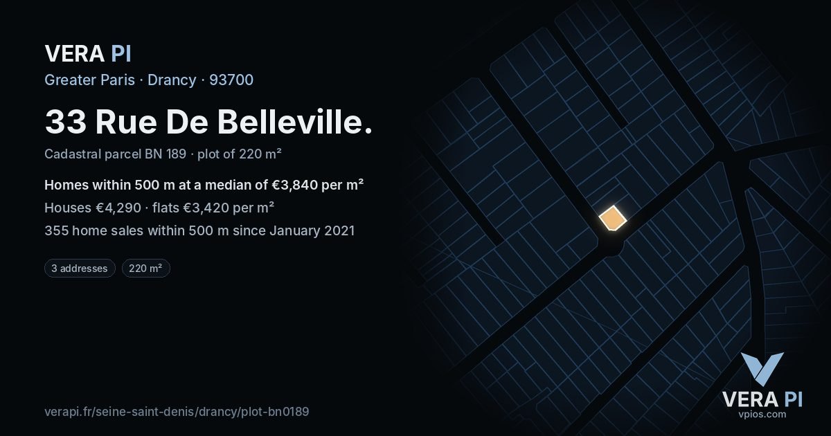 33 Rue De Belleville, Drancy at night – the plot lit, the parcels around coloured by the prices near them