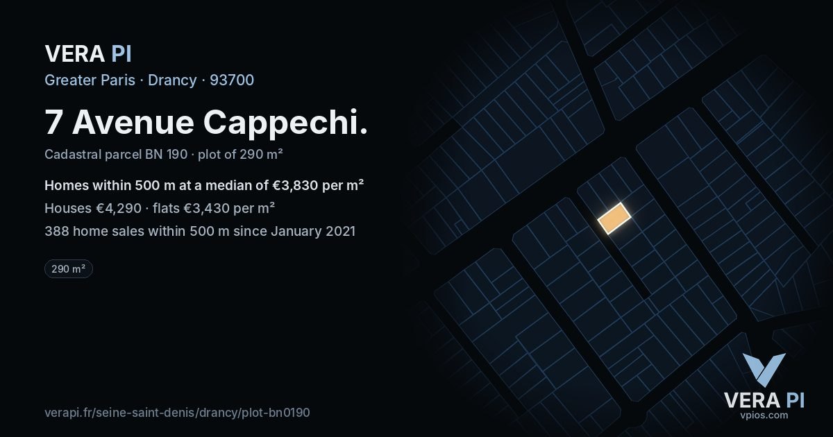 7 Avenue Cappechi, Drancy at night – the plot lit, the parcels around coloured by the prices near them