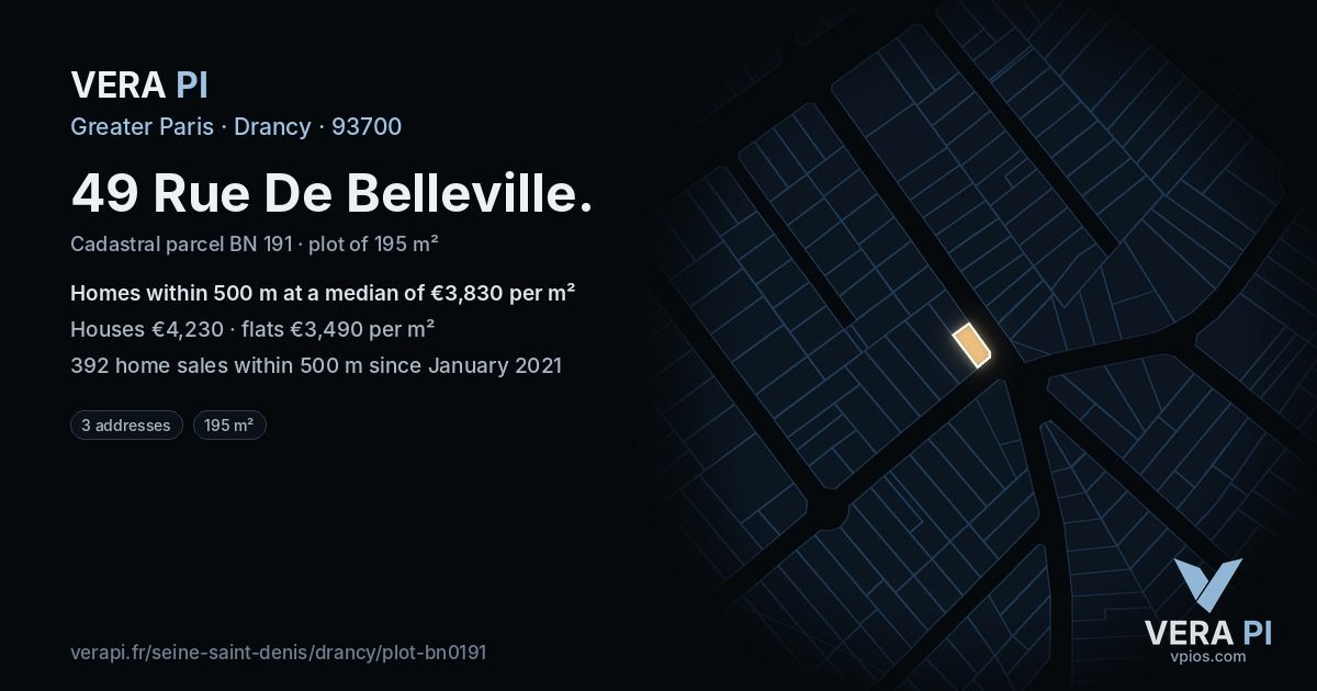 49 Rue De Belleville, Drancy at night – the plot lit, the parcels around coloured by the prices near them
