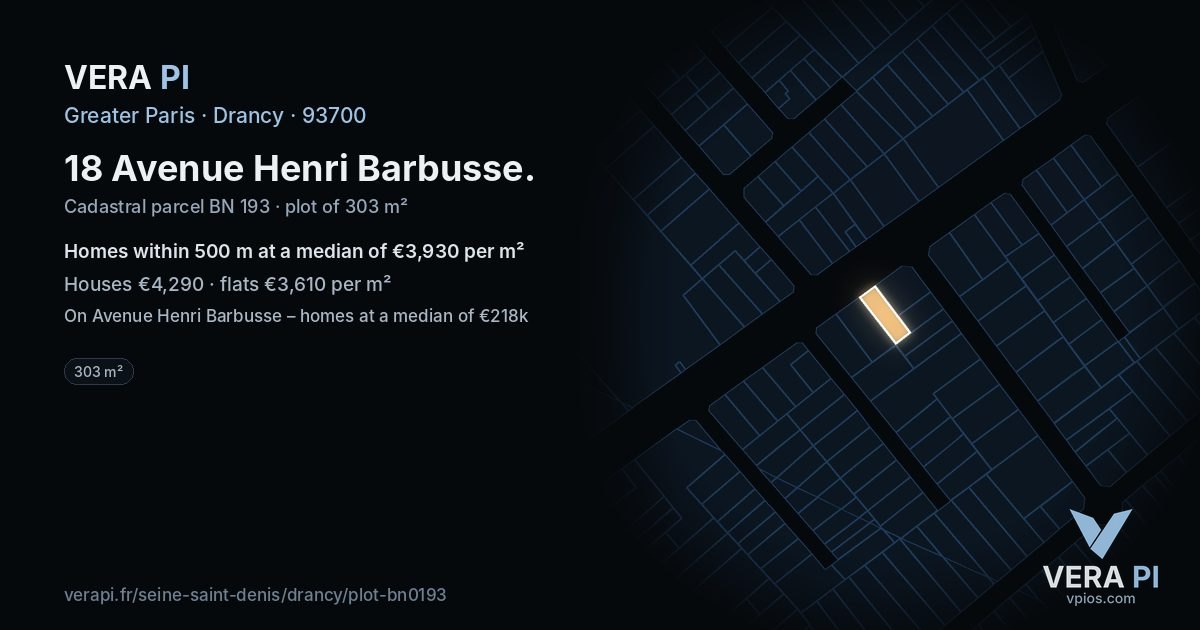 18 Avenue Henri Barbusse, Drancy at night – the plot lit, the parcels around coloured by the prices near them