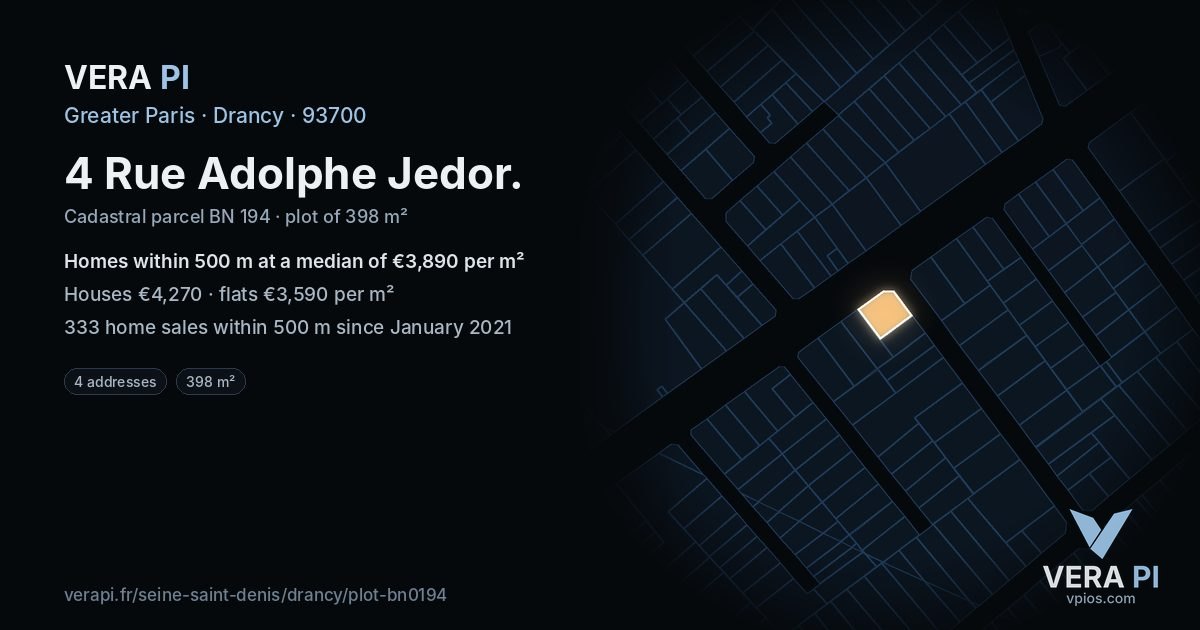 4 Rue Adolphe Jedor, Drancy at night – the plot lit, the parcels around coloured by the prices near them