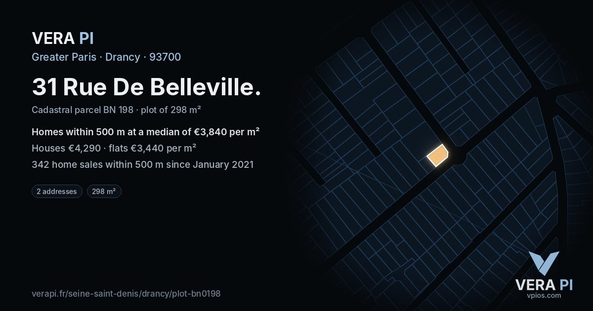 31 Rue De Belleville, Drancy at night – the plot lit, the parcels around coloured by the prices near them