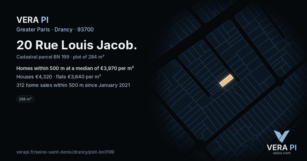 20 Rue Louis Jacob, Drancy at night – the plot lit, the parcels around coloured by the prices near them