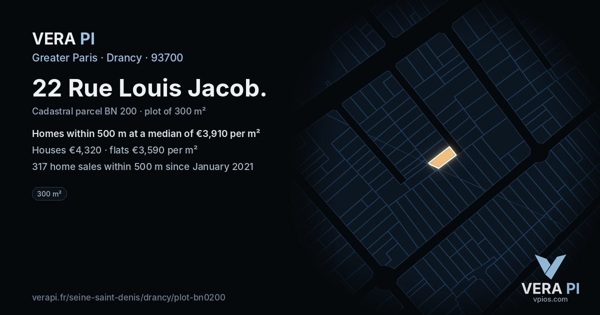22 Rue Louis Jacob, Drancy at night – the plot lit, the parcels around coloured by the prices near them