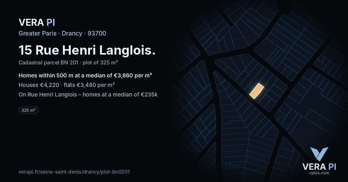 15 Rue Henri Langlois, Drancy at night – the plot lit, the parcels around coloured by the prices near them