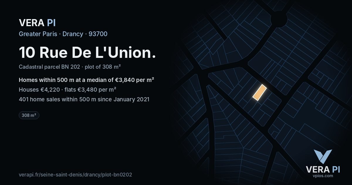 10 Rue De L'Union, Drancy at night – the plot lit, the parcels around coloured by the prices near them