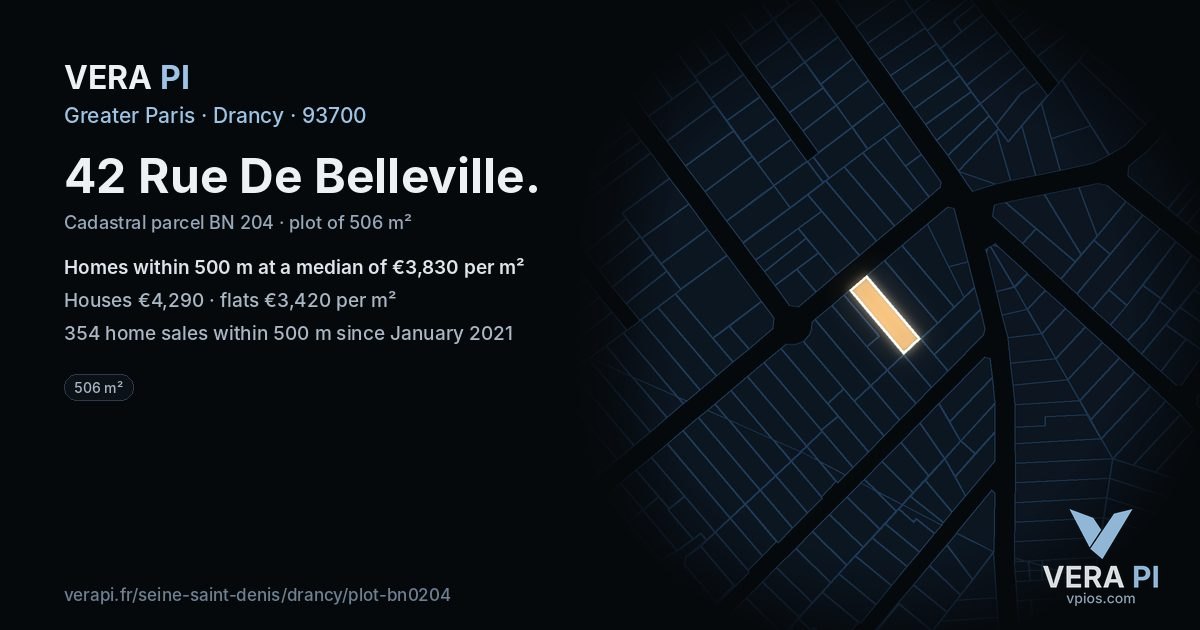 42 Rue De Belleville, Drancy at night – the plot lit, the parcels around coloured by the prices near them