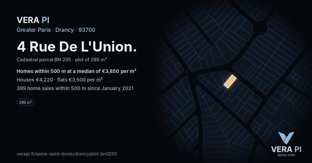 4 Rue De L'Union, Drancy at night – the plot lit, the parcels around coloured by the prices near them