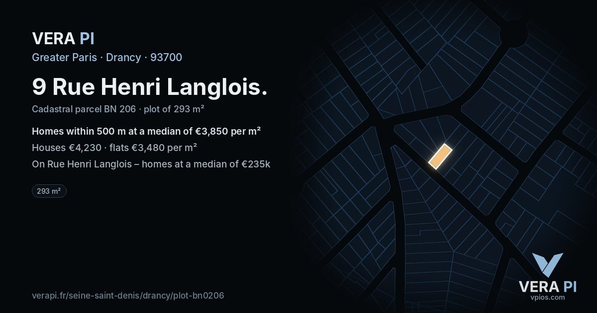 9 Rue Henri Langlois, Drancy at night – the plot lit, the parcels around coloured by the prices near them