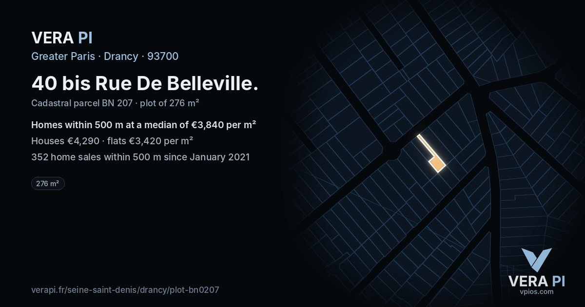 40 bis Rue De Belleville, Drancy at night – the plot lit, the parcels around coloured by the prices near them