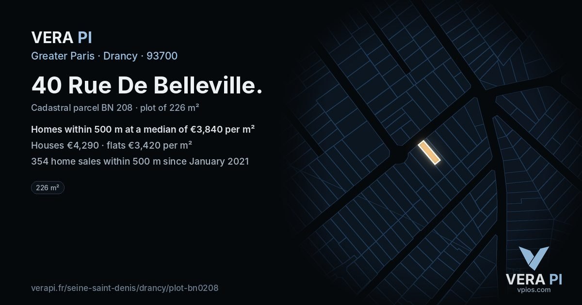 40 Rue De Belleville, Drancy at night – the plot lit, the parcels around coloured by the prices near them