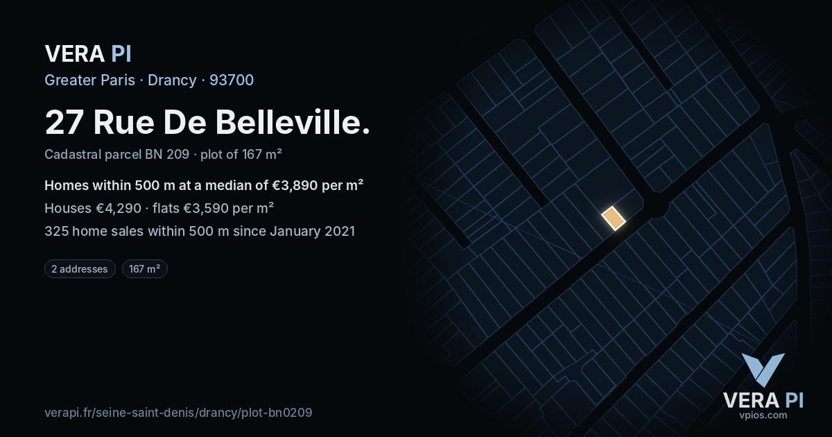 27 Rue De Belleville, Drancy at night – the plot lit, the parcels around coloured by the prices near them