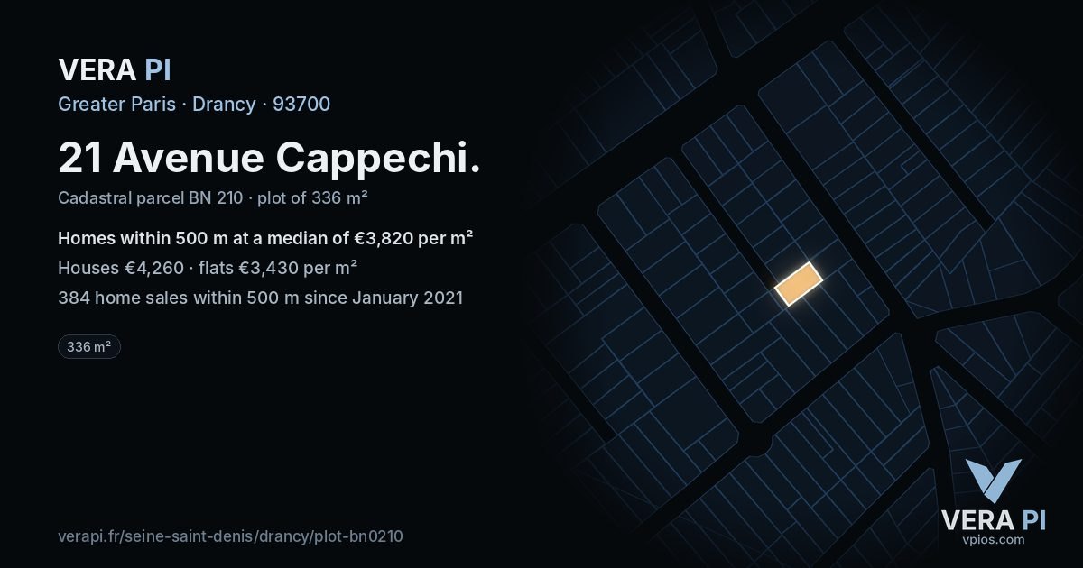 21 Avenue Cappechi, Drancy at night – the plot lit, the parcels around coloured by the prices near them