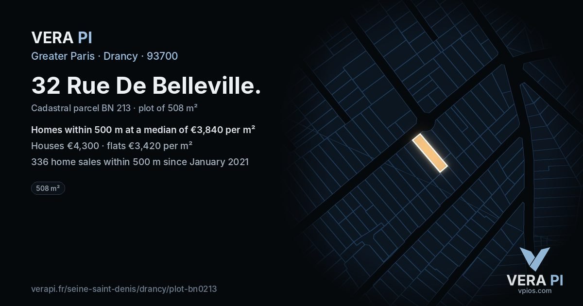 32 Rue De Belleville, Drancy at night – the plot lit, the parcels around coloured by the prices near them