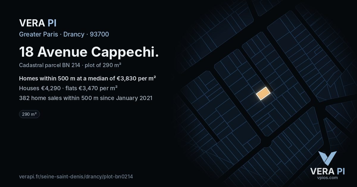 18 Avenue Cappechi, Drancy at night – the plot lit, the parcels around coloured by the prices near them