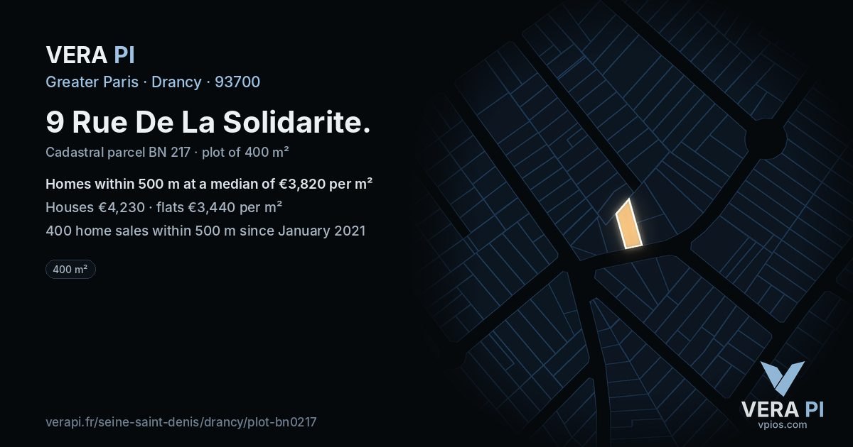9 Rue De La Solidarite, Drancy at night – the plot lit, the parcels around coloured by the prices near them