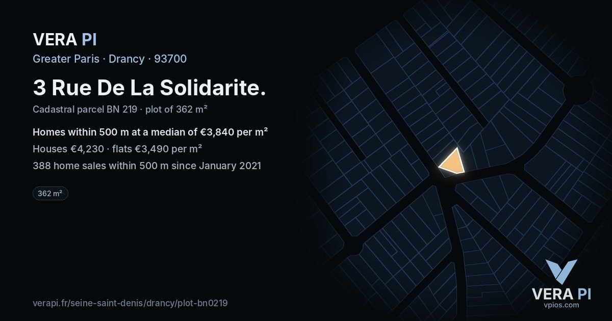 3 Rue De La Solidarite, Drancy at night – the plot lit, the parcels around coloured by the prices near them