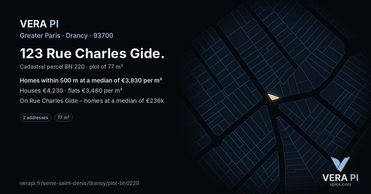 123 Rue Charles Gide, Drancy at night – the plot lit, the parcels around coloured by the prices near them
