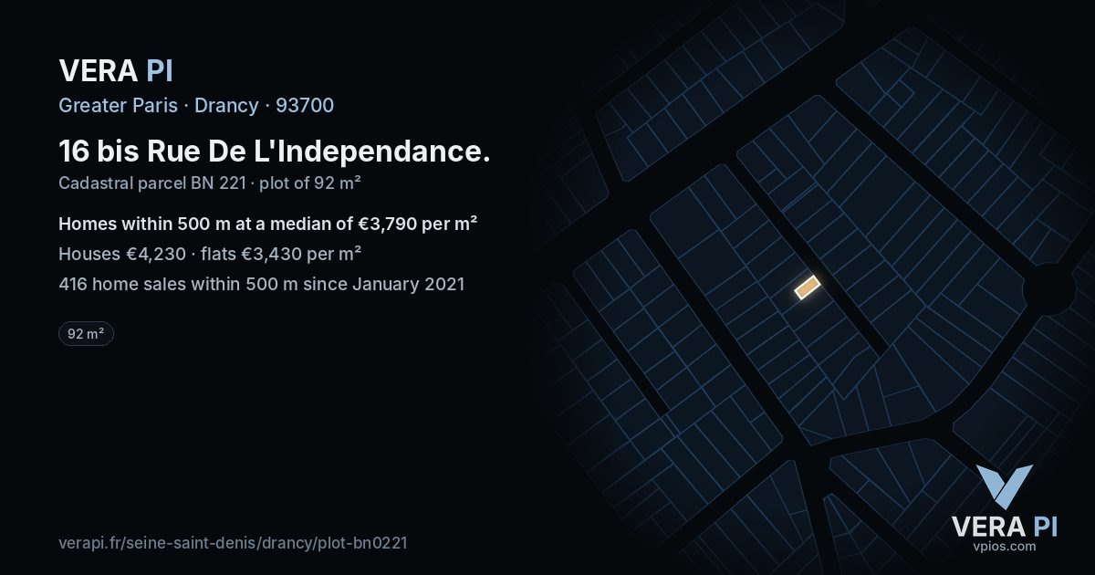 16 bis Rue De L'Independance, Drancy at night – the plot lit, the parcels around coloured by the prices near them