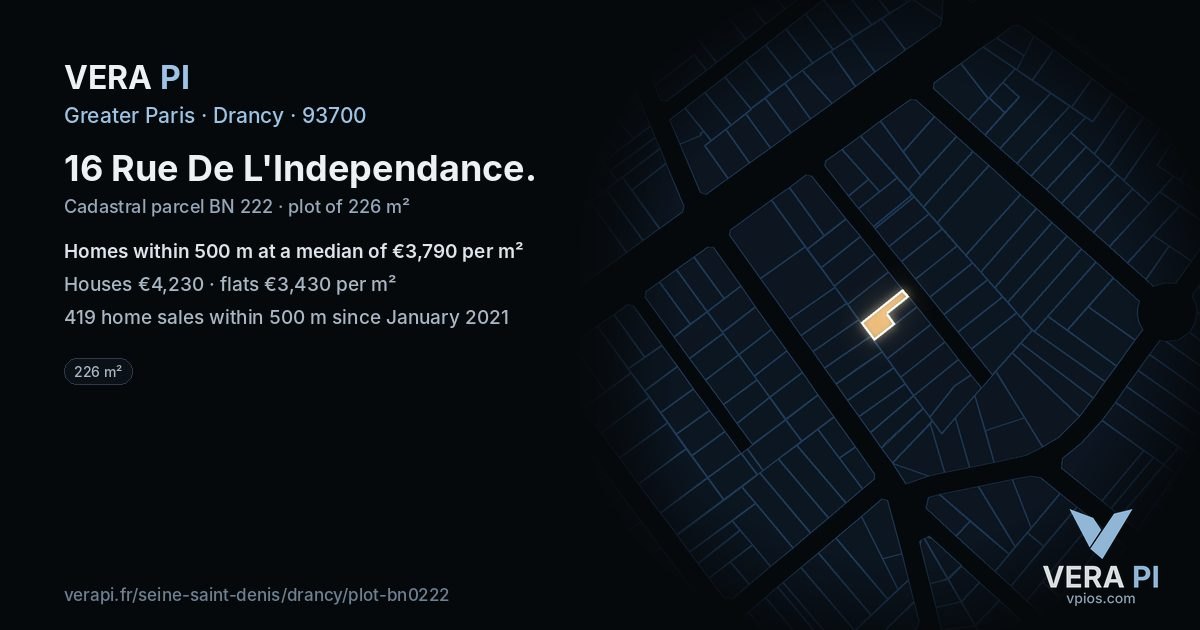 16 Rue De L'Independance, Drancy at night – the plot lit, the parcels around coloured by the prices near them