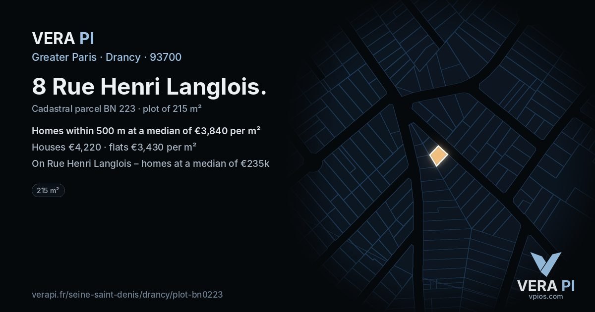 8 Rue Henri Langlois, Drancy at night – the plot lit, the parcels around coloured by the prices near them