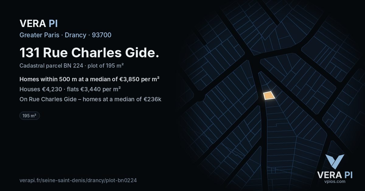 131 Rue Charles Gide, Drancy at night – the plot lit, the parcels around coloured by the prices near them