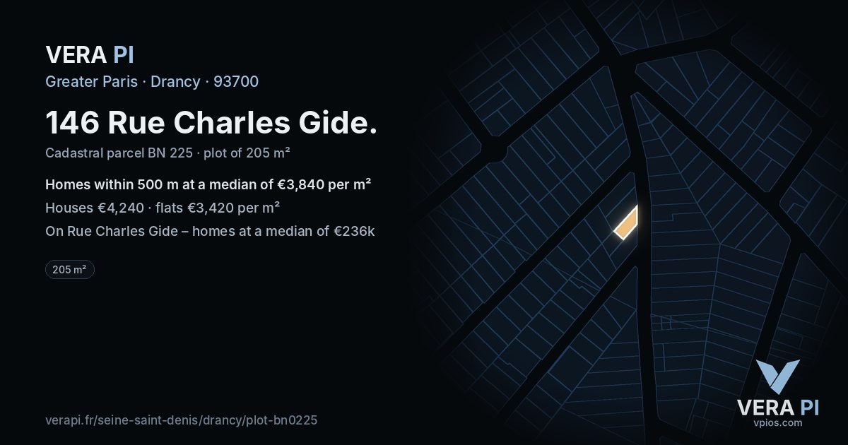 146 Rue Charles Gide, Drancy at night – the plot lit, the parcels around coloured by the prices near them