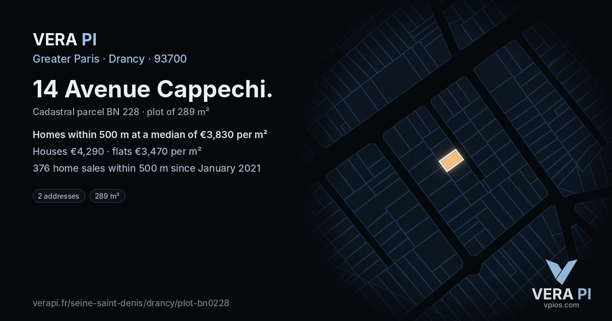 14 Avenue Cappechi, Drancy at night – the plot lit, the parcels around coloured by the prices near them