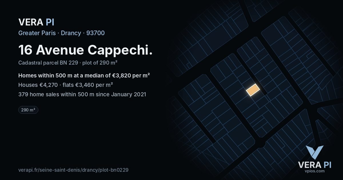16 Avenue Cappechi, Drancy at night – the plot lit, the parcels around coloured by the prices near them