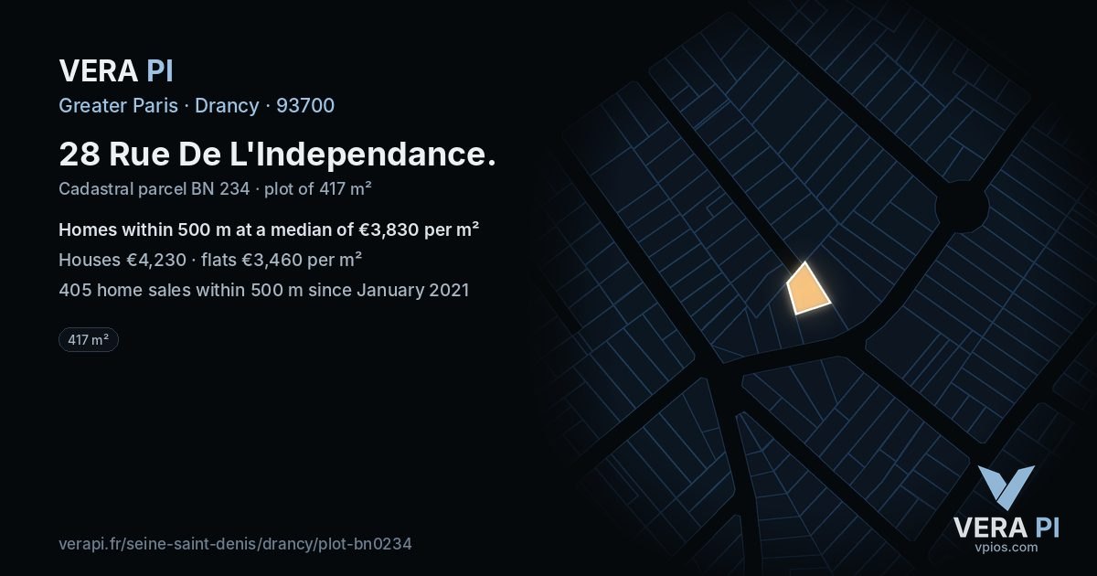 28 Rue De L'Independance, Drancy at night – the plot lit, the parcels around coloured by the prices near them