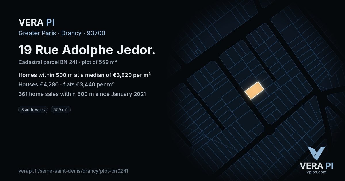 19 Rue Adolphe Jedor, Drancy at night – the plot lit, the parcels around coloured by the prices near them