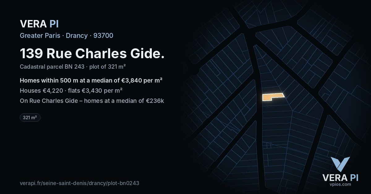 139 Rue Charles Gide, Drancy at night – the plot lit, the parcels around coloured by the prices near them