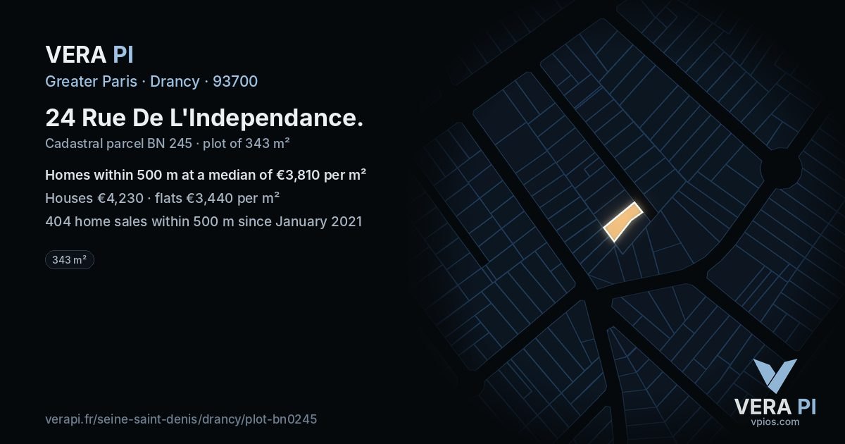 24 Rue De L'Independance, Drancy at night – the plot lit, the parcels around coloured by the prices near them