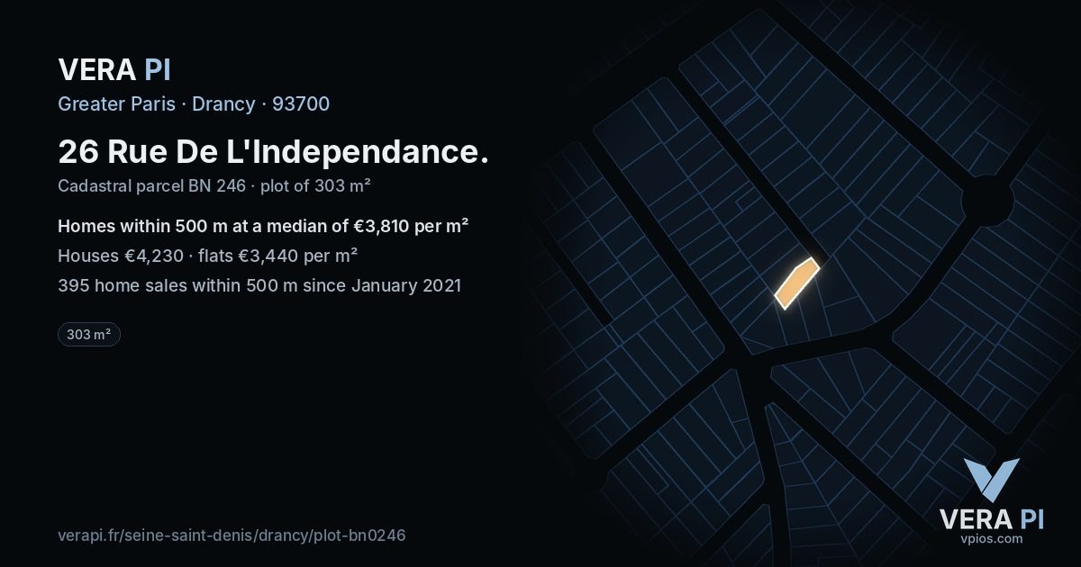26 Rue De L'Independance, Drancy at night – the plot lit, the parcels around coloured by the prices near them
