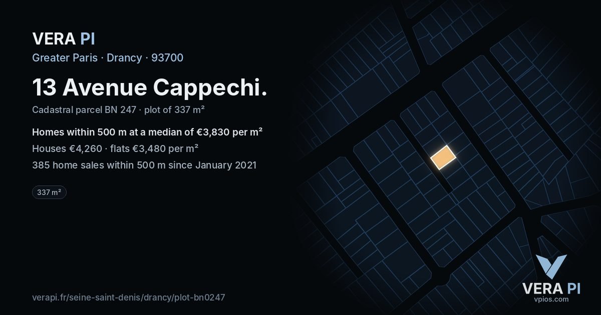 13 Avenue Cappechi, Drancy at night – the plot lit, the parcels around coloured by the prices near them