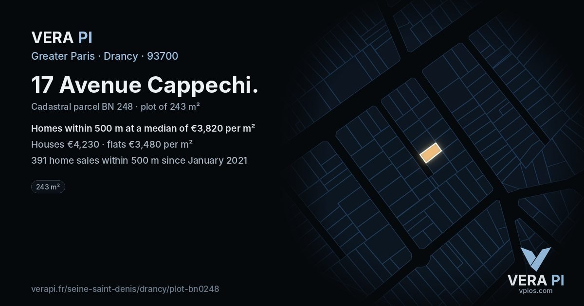 17 Avenue Cappechi, Drancy at night – the plot lit, the parcels around coloured by the prices near them