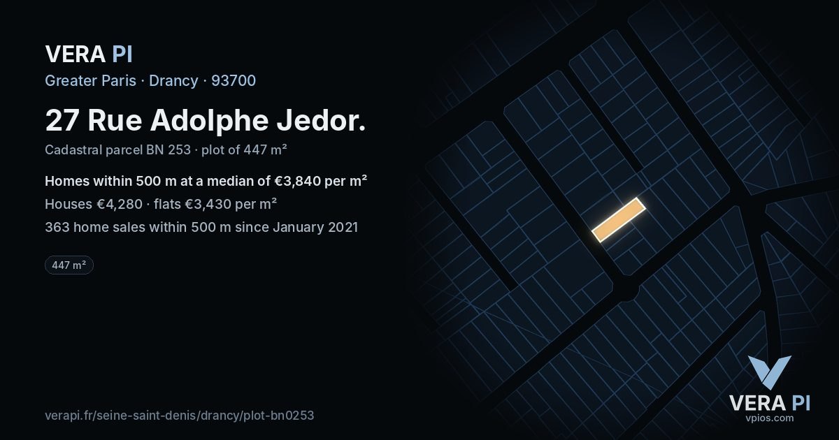 27 Rue Adolphe Jedor, Drancy at night – the plot lit, the parcels around coloured by the prices near them