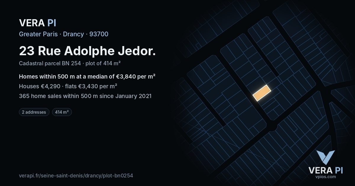 23 Rue Adolphe Jedor, Drancy at night – the plot lit, the parcels around coloured by the prices near them