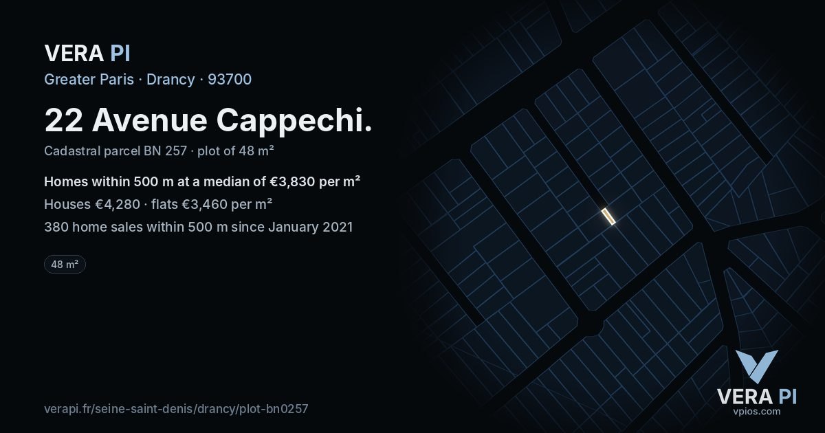 22 Avenue Cappechi, Drancy at night – the plot lit, the parcels around coloured by the prices near them