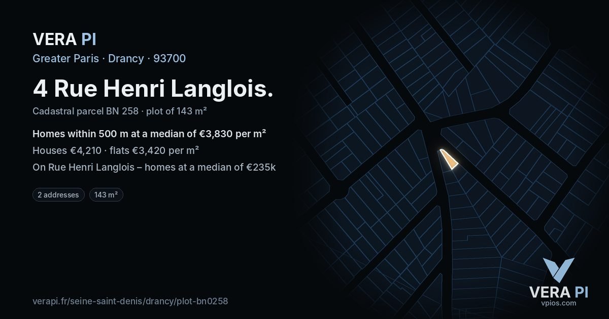 4 Rue Henri Langlois, Drancy at night – the plot lit, the parcels around coloured by the prices near them