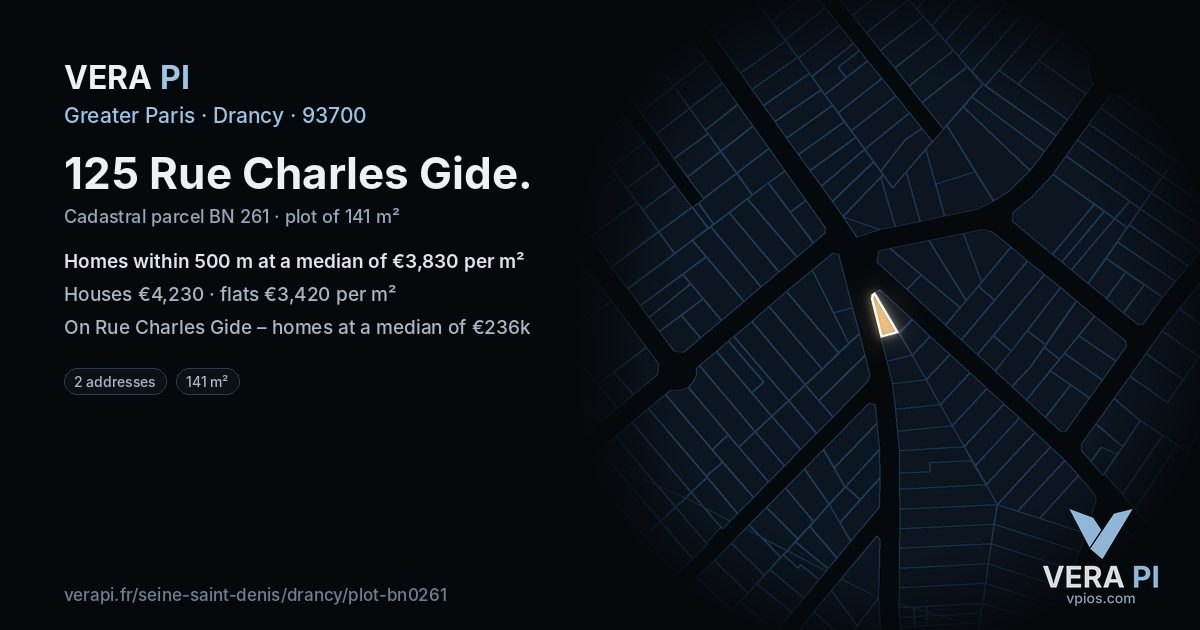 125 Rue Charles Gide, Drancy at night – the plot lit, the parcels around coloured by the prices near them