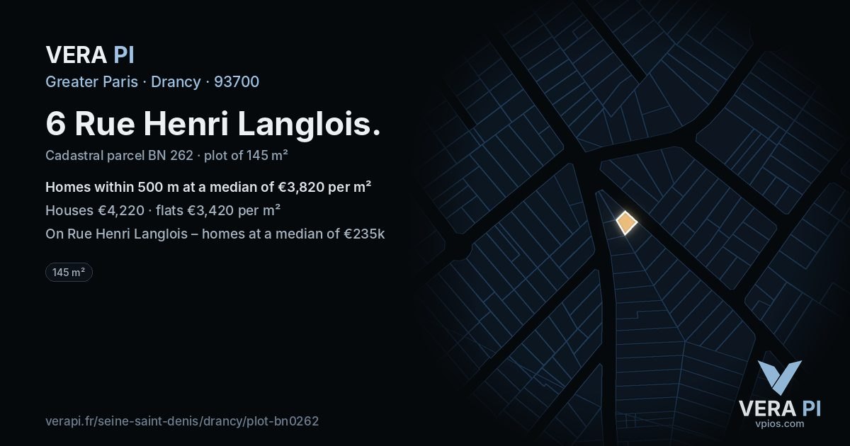 6 Rue Henri Langlois, Drancy at night – the plot lit, the parcels around coloured by the prices near them