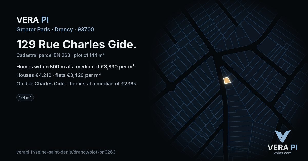 129 Rue Charles Gide, Drancy at night – the plot lit, the parcels around coloured by the prices near them