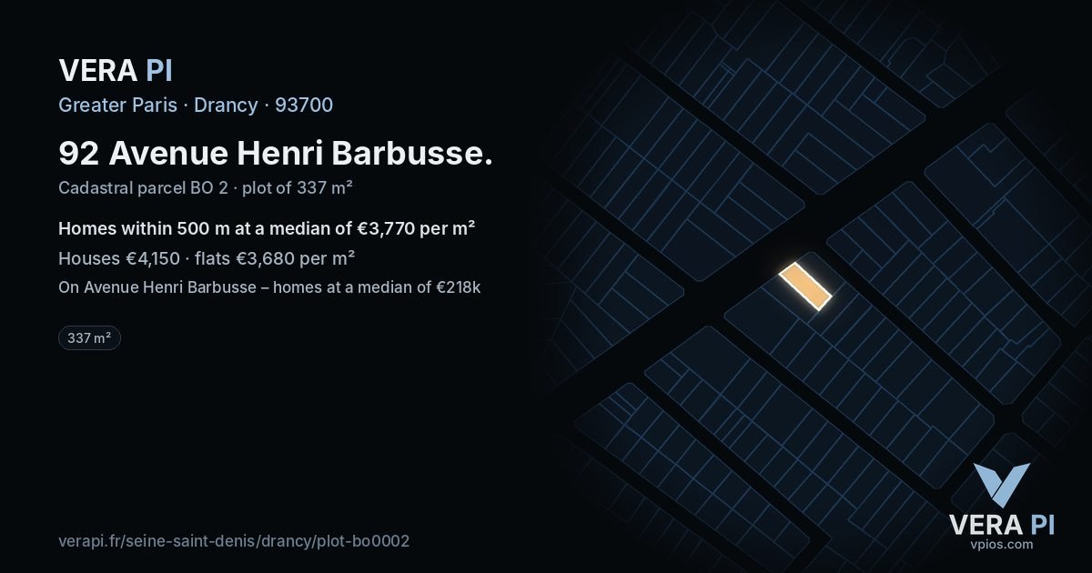 92 Avenue Henri Barbusse, Drancy at night – the plot lit, the parcels around coloured by the prices near them