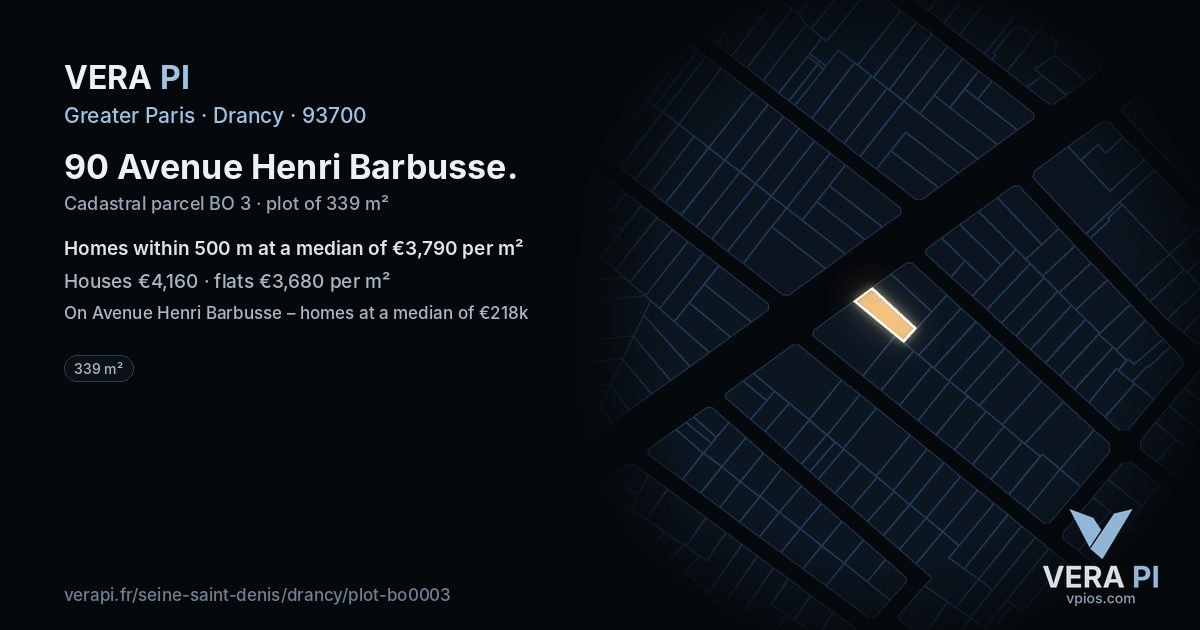 90 Avenue Henri Barbusse, Drancy at night – the plot lit, the parcels around coloured by the prices near them